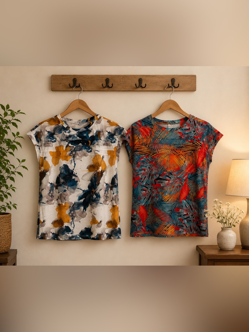 Women’s Floral Watercolor Short Sleeve Top - White & Mustard